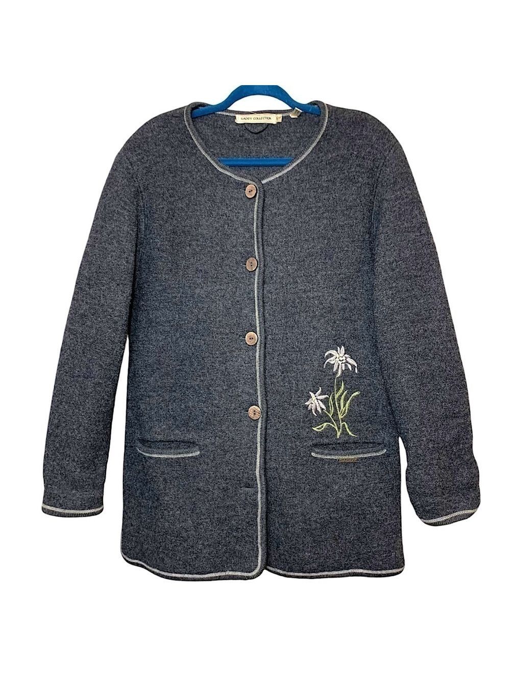 Vintage Boiled Wool Cardigan Jacket Gray Embroidered Deer Floral Sz S Classic